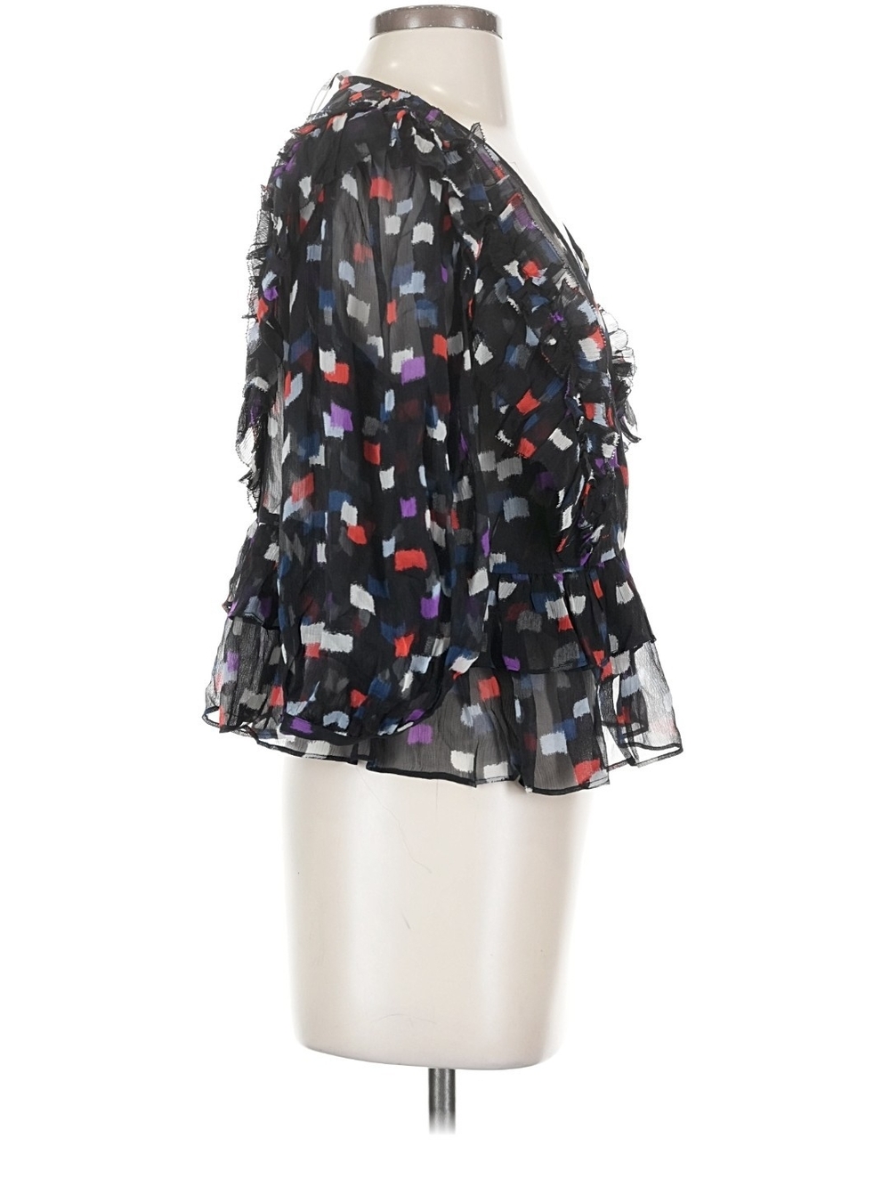 Joie Black Silk Abstract Squares Wrap Blouse - Picture 3 of 12